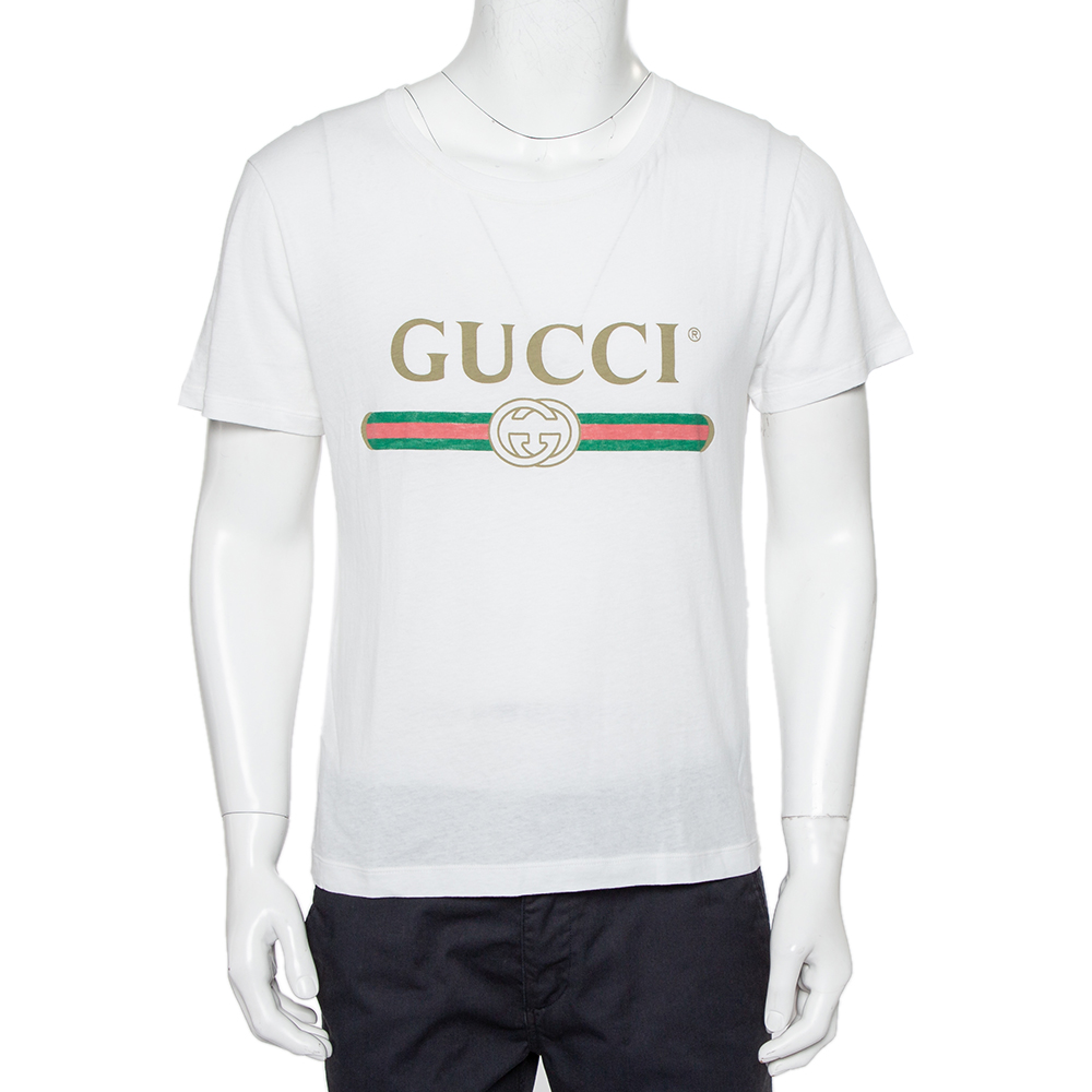 Pre-owned Gucci White Logo Printed Cotton Oversized Washed Crewneck T-shirt Xs