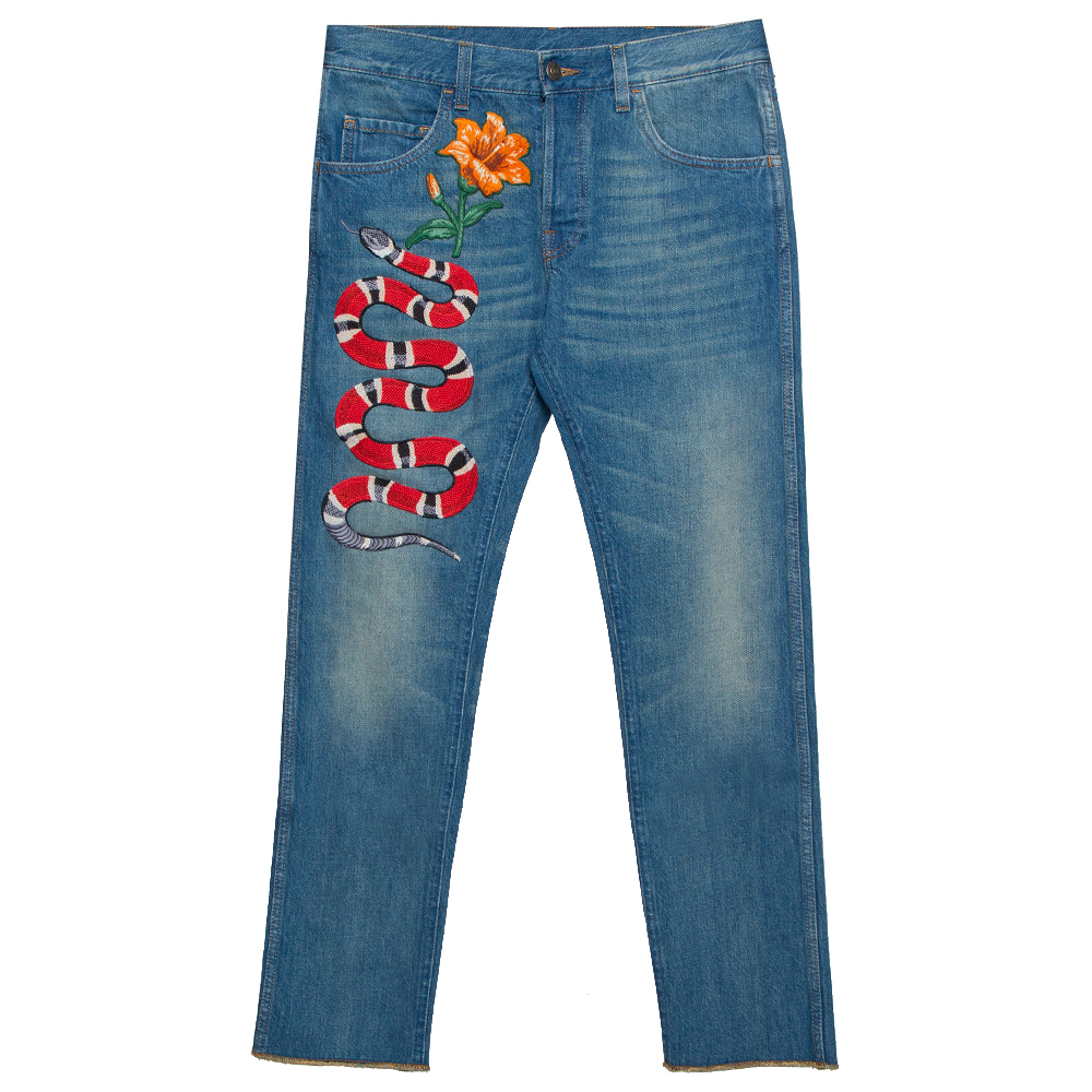 Pre-owned Gucci Blue Faded Denim Snake & Floral Applique Detail Straight Leg Jeans S