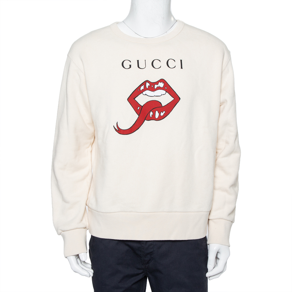 Pre-owned Gucci Cream Mouth Printed Cotton Crewneck Sweatshirt S