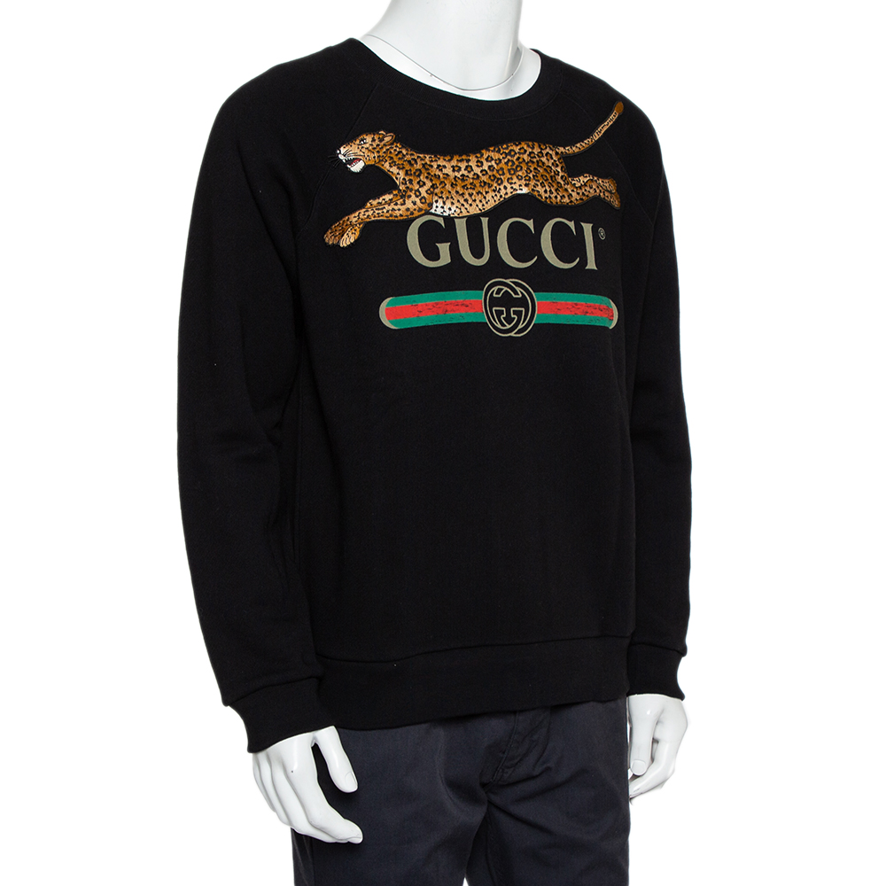 

Gucci Black Logo Printed Cotton Leopard Applique Detail Sweatshirt