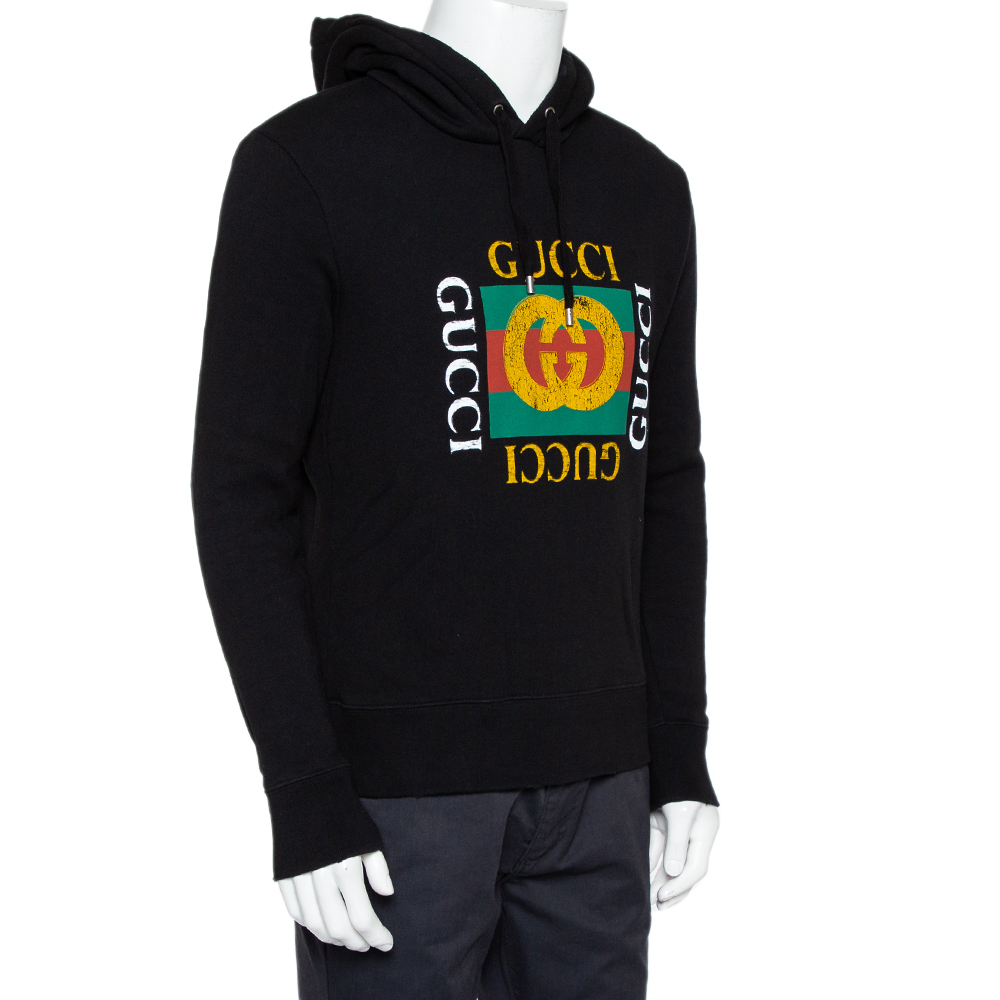 

Gucci Black Vintage Logo Print Cotton Hooded Sweatshirt
