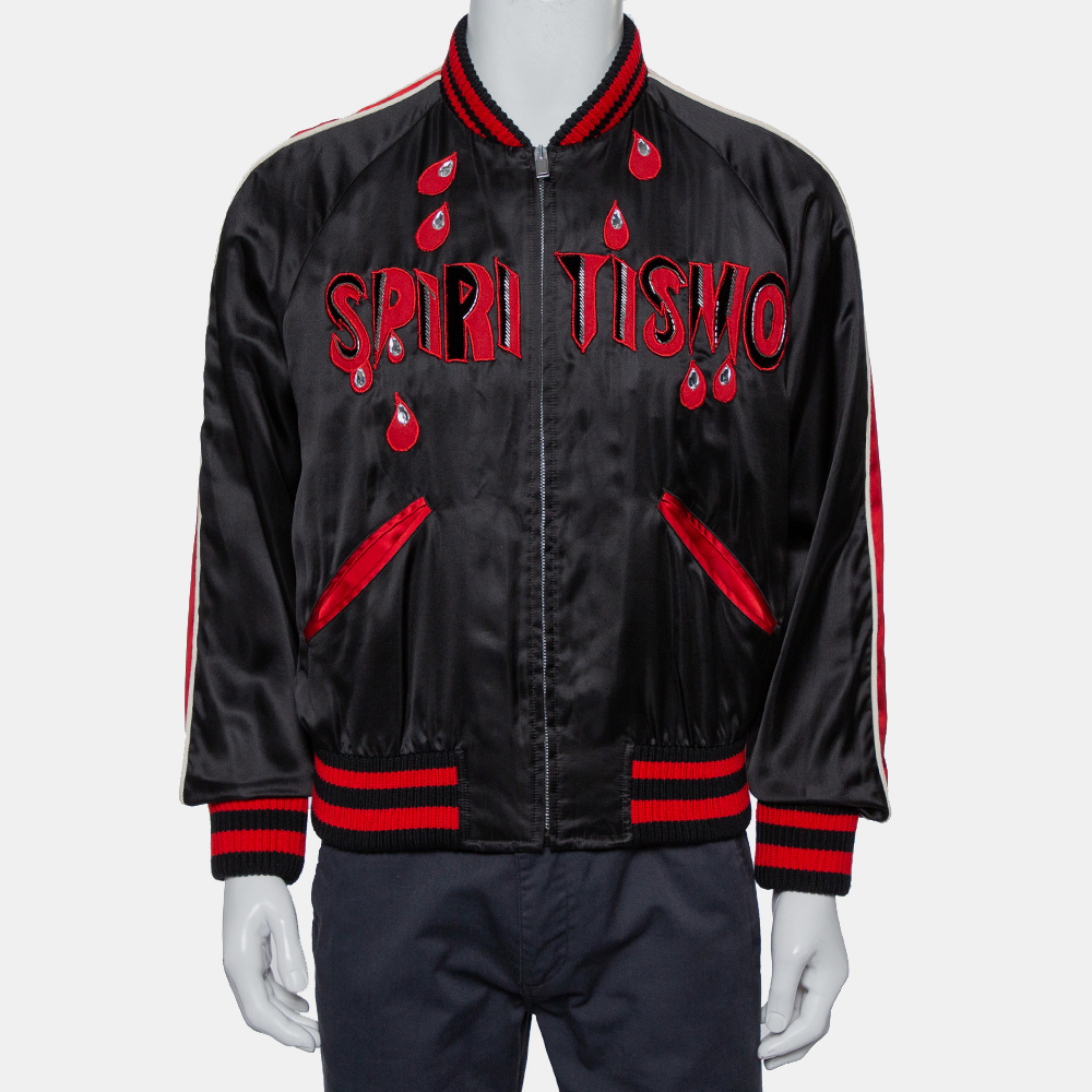 Pre-owned Gucci Black Satin Contrast Trim Spiritismo Applique Detail Bomber Jacket M