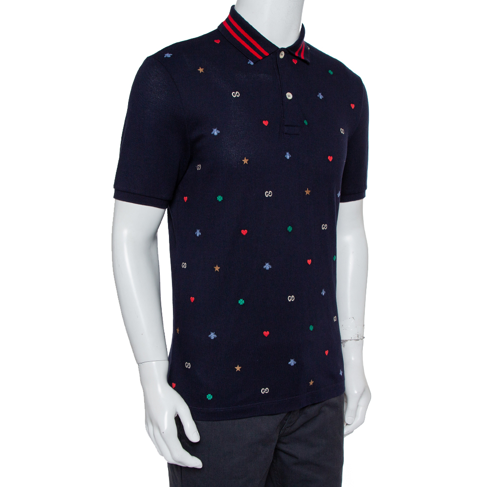 

Gucci Navy Blue Honeycomb Knit Contrast Trim Detail Embroidered Polo T-Shirt