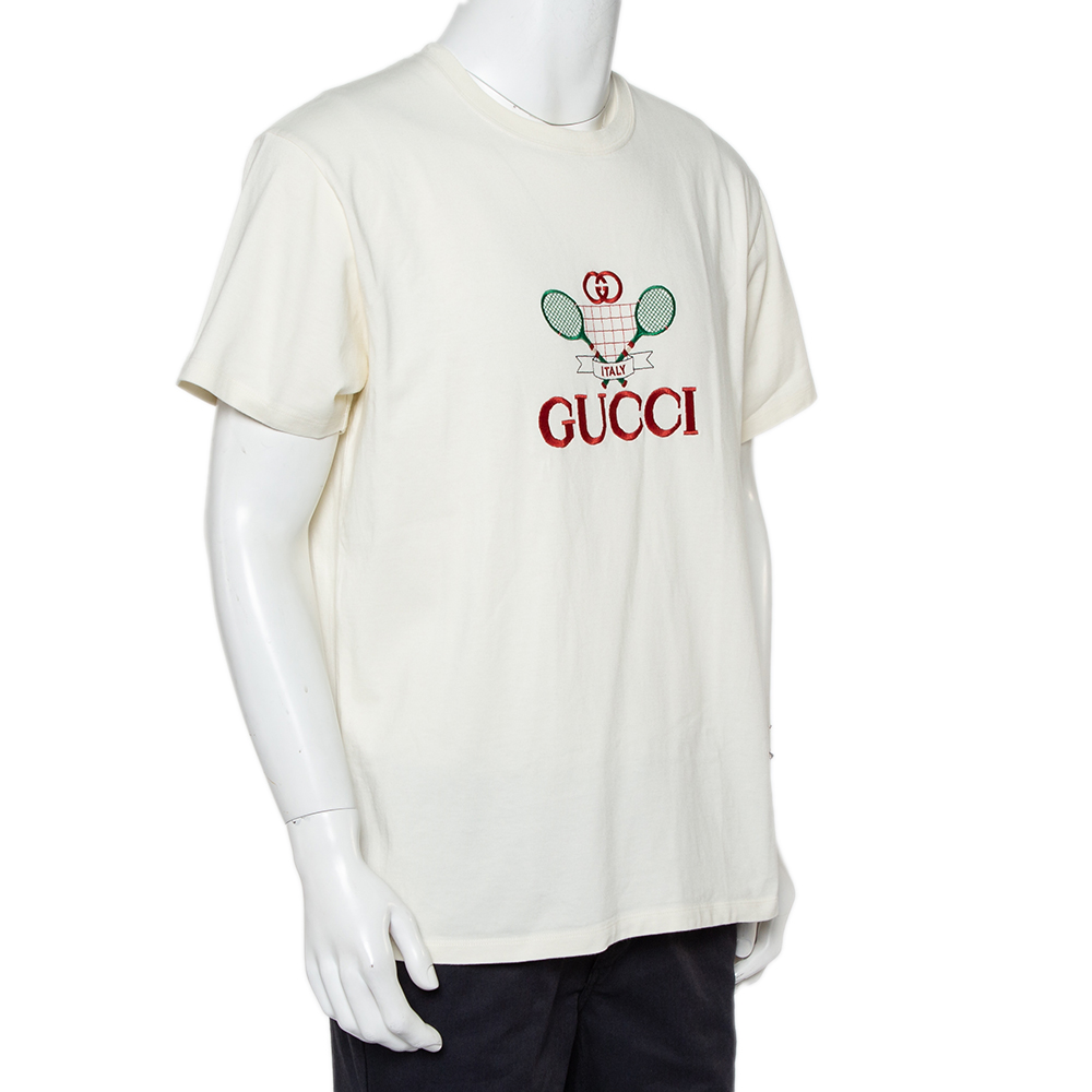 

Gucci Cream Cotton Tennis Logo Embroidered Oversized Crewneck T-Shirt