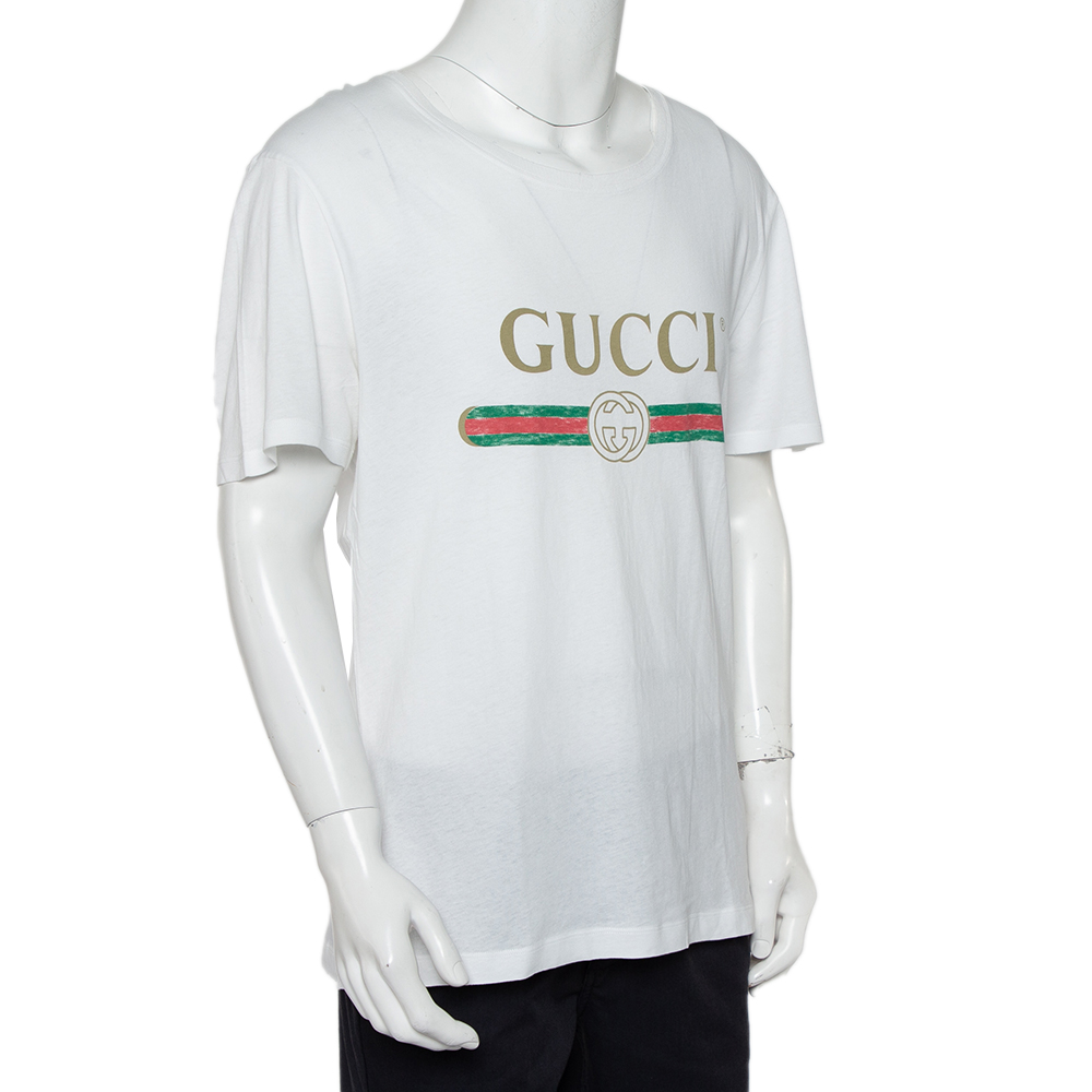 

Gucci White Cotton Logo Printed Oversized Crewneck T-Shirt