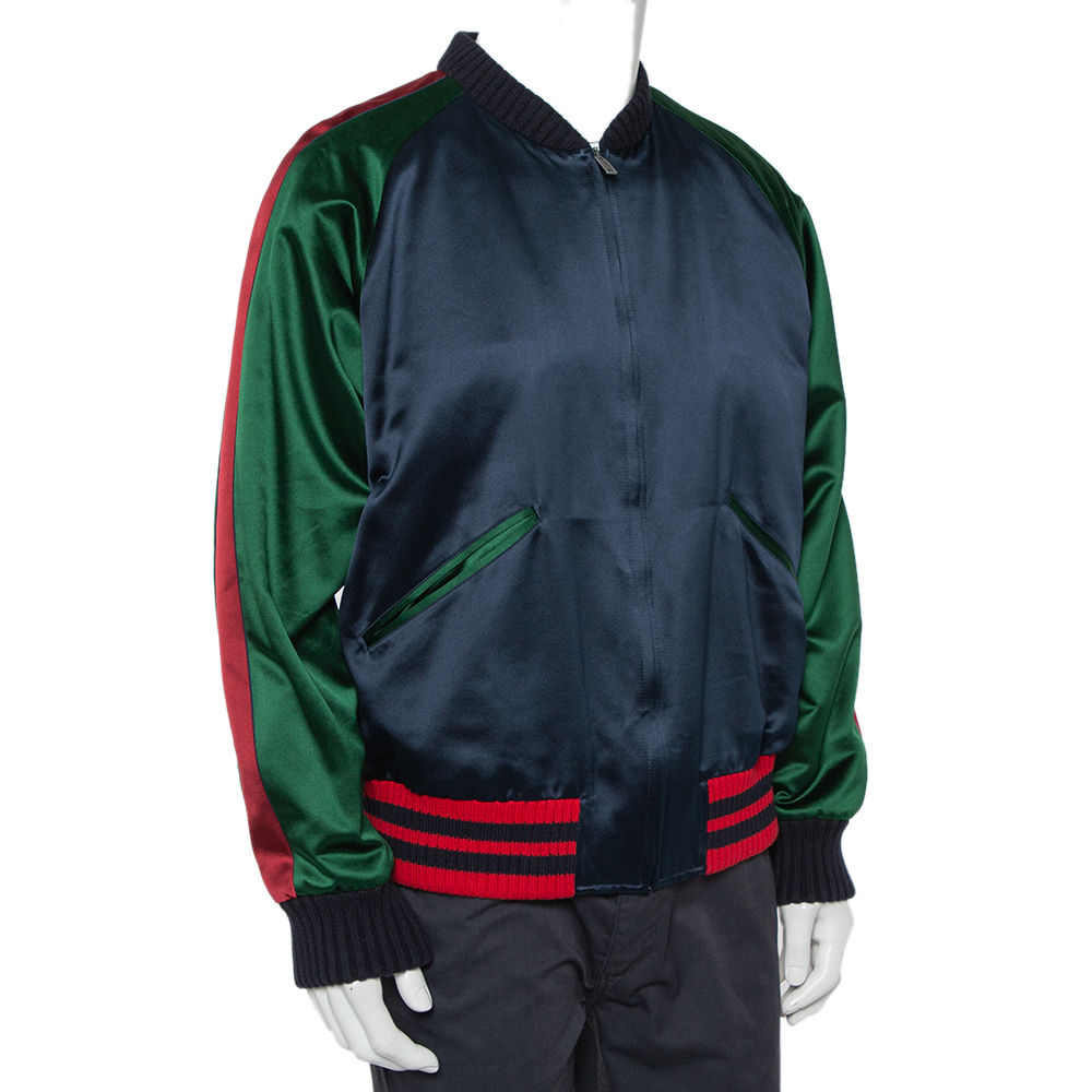 

Gucci Multicolor Silk Satin Panther Applique Detail Bomber Jacket