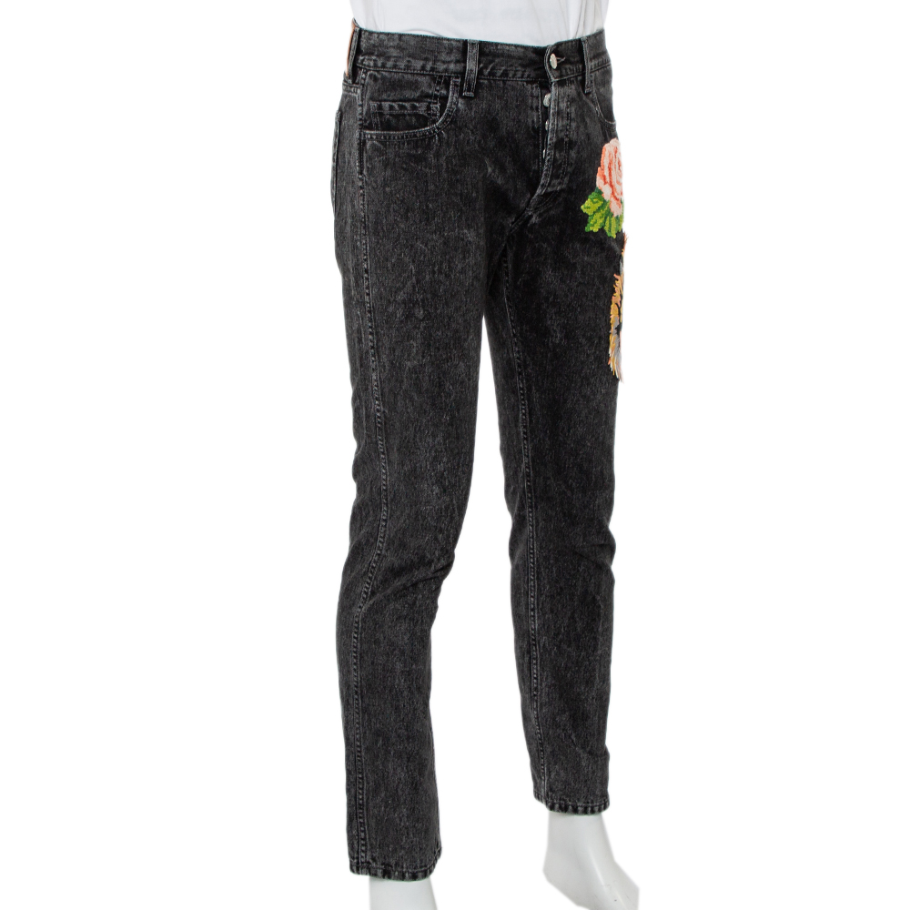 

Gucci Charcoal Grey Denim Tiger & Floral Applique Tapered Jeans