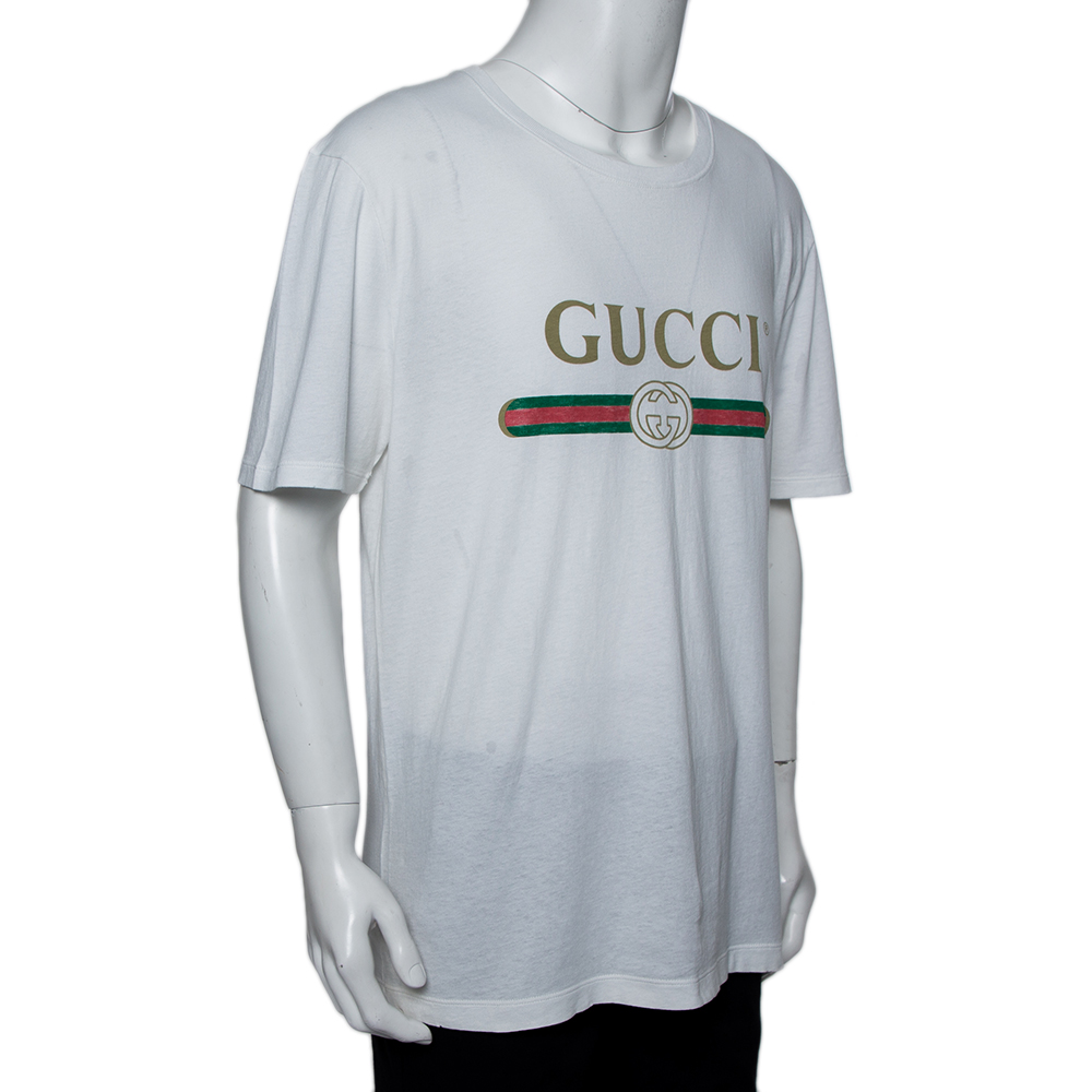 

Gucci White Logo Printed Cotton Distressed Crewneck T-Shirt