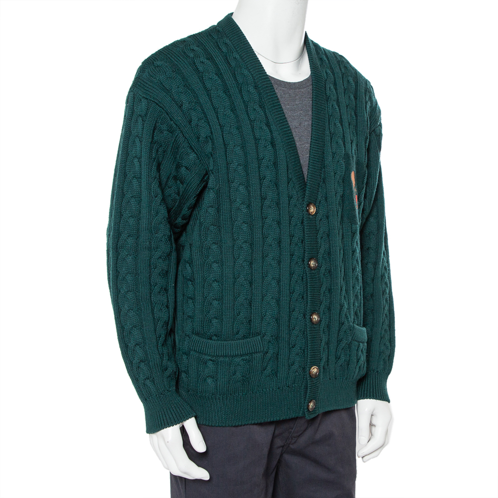 

Gucci Dark Green Cable Knit Wool Button Front Cardigan