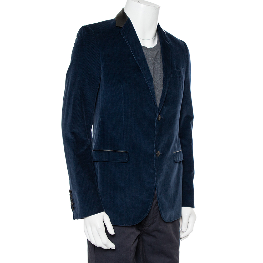 

Gucci Navy Blue Corduroy Leather Trim Button Front Blazer