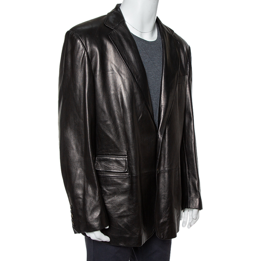 

Gucci Brown Leather Button Front Blazer 3XL