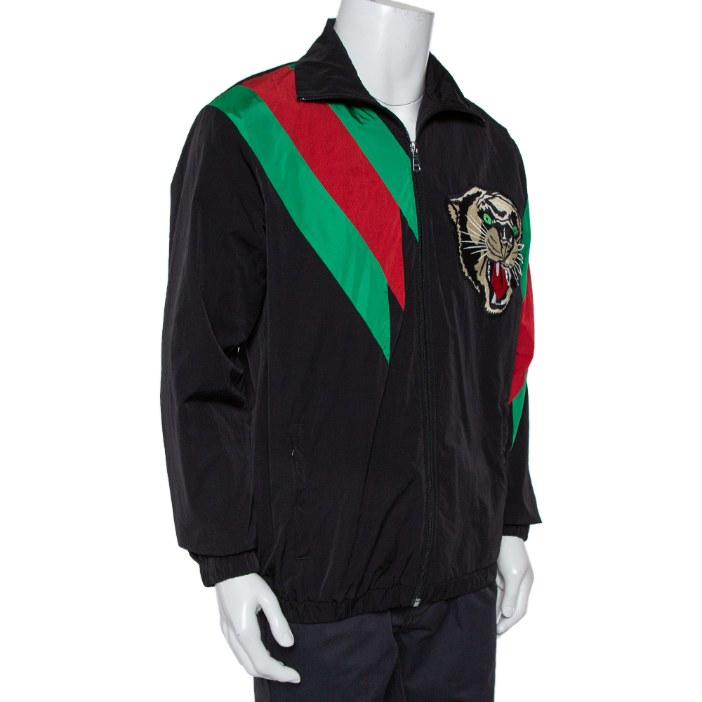 

Gucci Black Synthetic Stripe Paneled Tiger Applique Detail Jacket