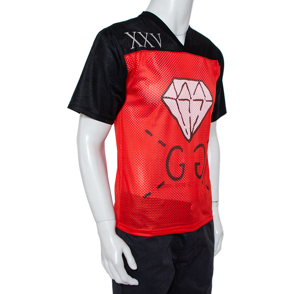 

Gucci Black Jersey & Red Mesh Ghost Printed T-Shirt