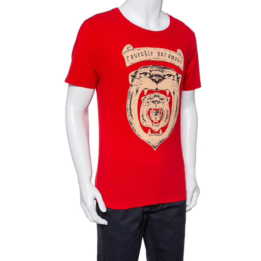 

Gucci Red Tiger Head Print Crewneck T-Shirt