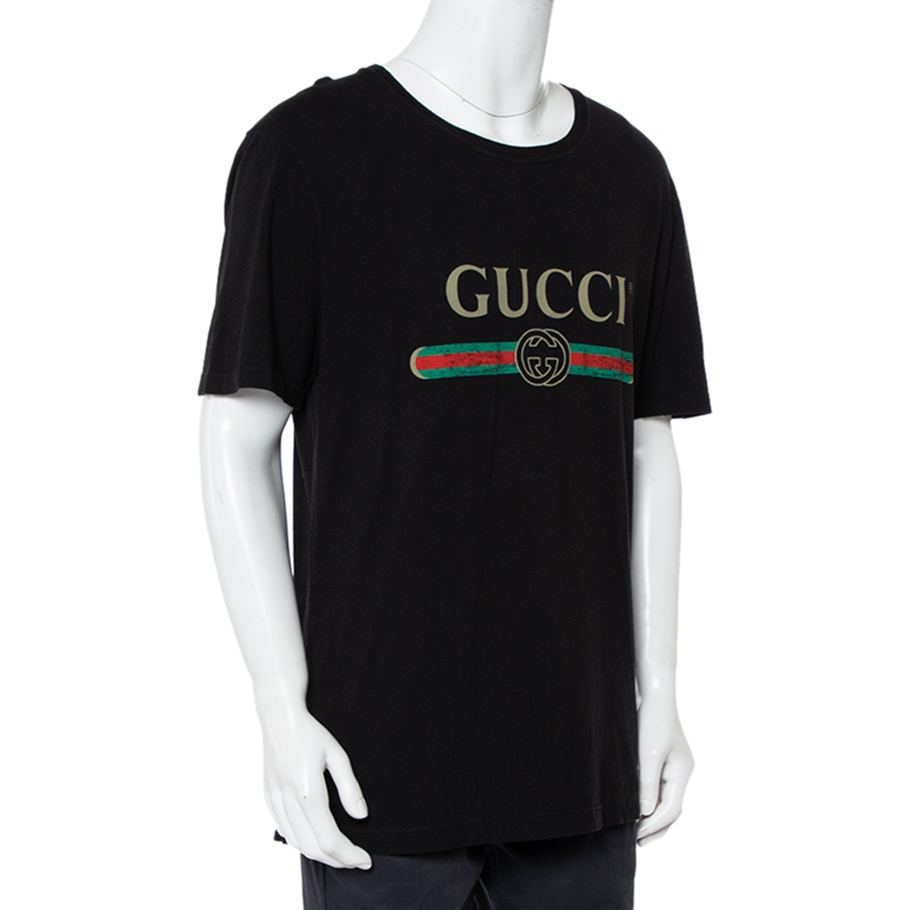 

Gucci Black Washed Logo Printed Cotton Crewneck Distressed T-Shirt