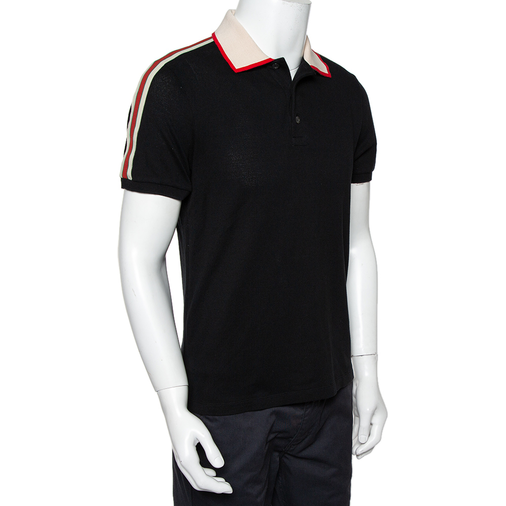 

Gucci Black Cotton Pique Contrast Collar Trim Polo T-Shirt