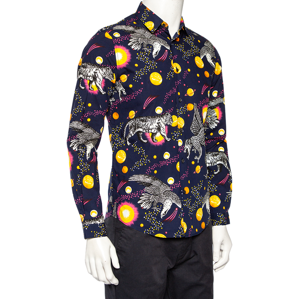 

Gucci Navy Blue Planets & Animals Printed Cotton Button Front Shirt