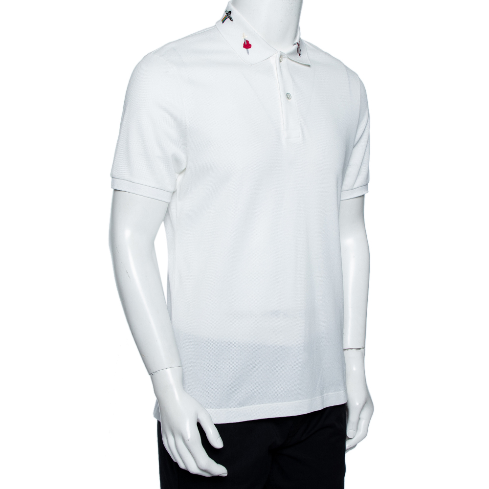 

Gucci White Cotton Pique Embroidered Collar Polo T-shirt