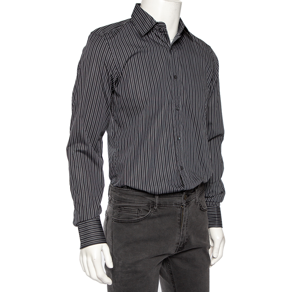 

Gucci Dark Grey Striped Cotton Slim Front Button Shirt
