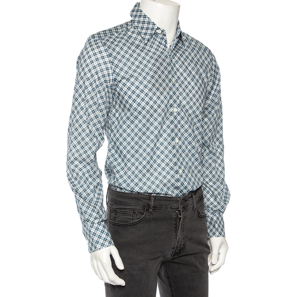 

Gucci Blue Dupplin Checked Cotton Front Button Fitted Shirt