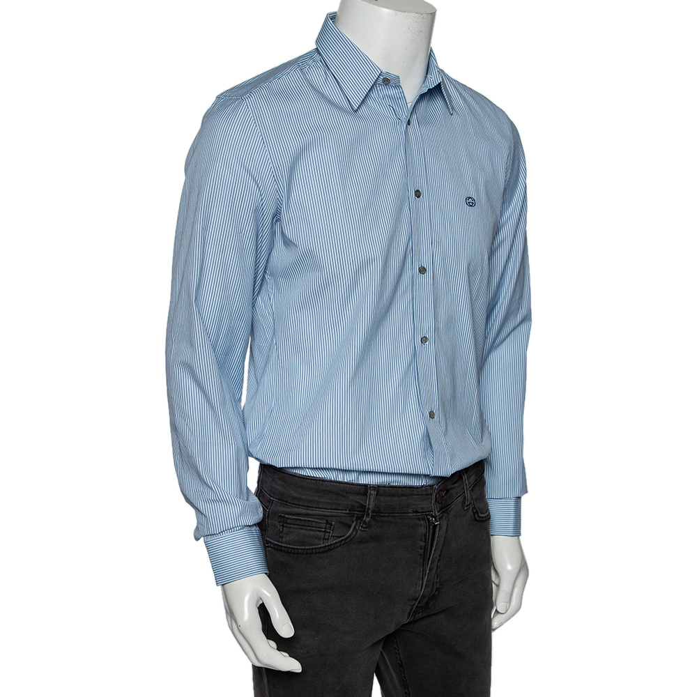 

Gucci Blue Striped Cotton Logo Embroidered Detail Slim Fit Shirt