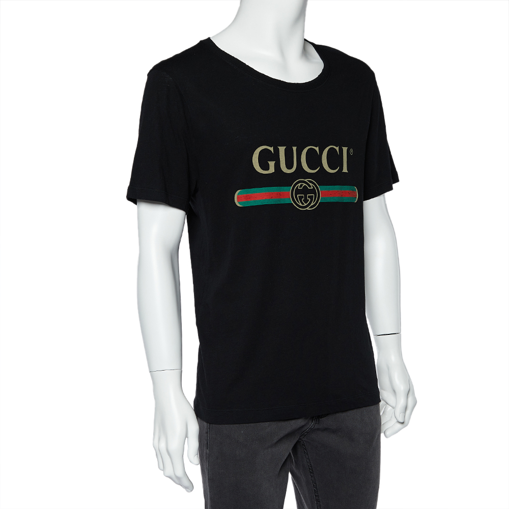 

Gucci Black Logo Print Washed Cotton Distressed Effect Oversized T-Shirt