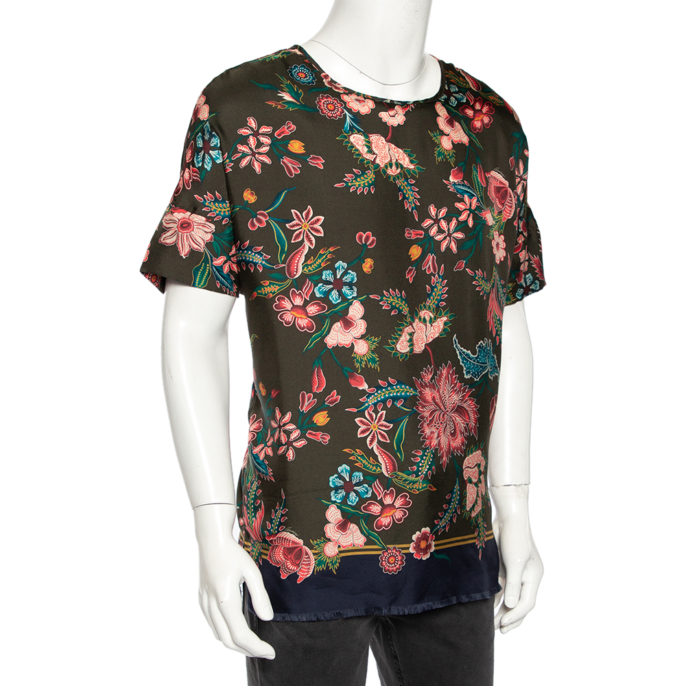 

Gucci Olive Green Floral Printed Silk Frayed Hem Detailed T-Shirt