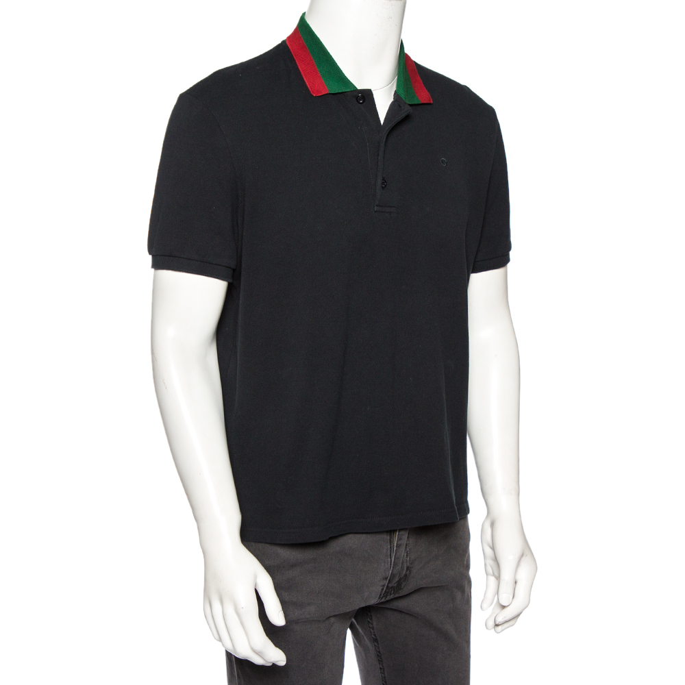 

Gucci Black Cotton Pique Web Collar Detail Polo T-Shirt