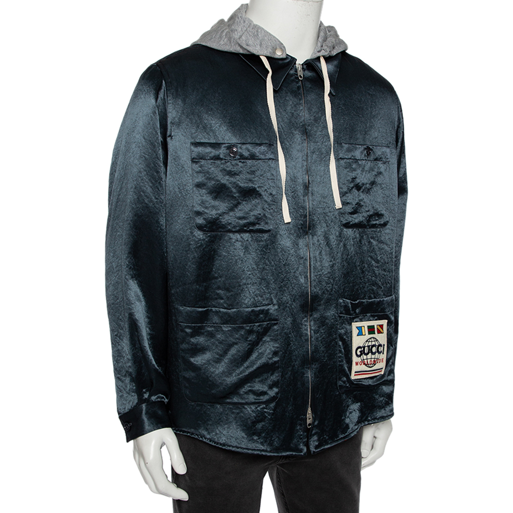 

Gucci Green Synthetic Hooded Detail Worldwide Zip Front Jacket