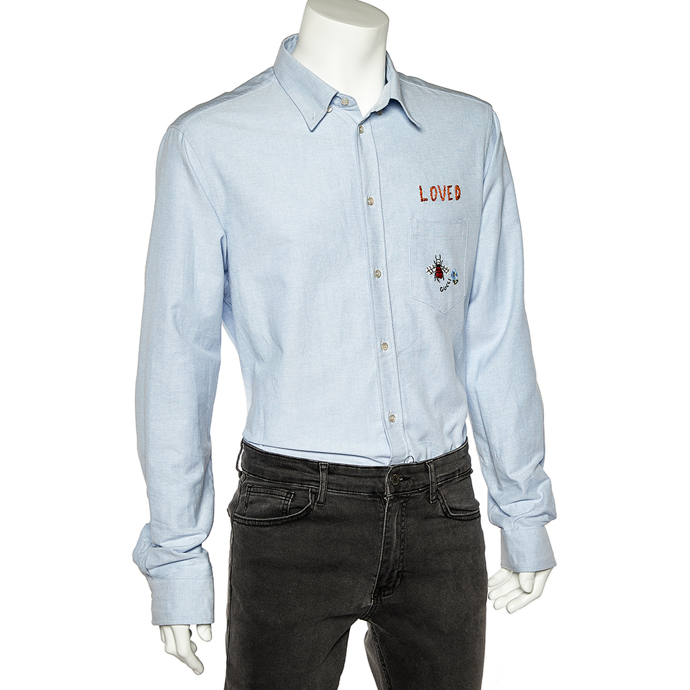 

Gucci Blue Cotton Embroidered Pocket Detail Button Front Shirt