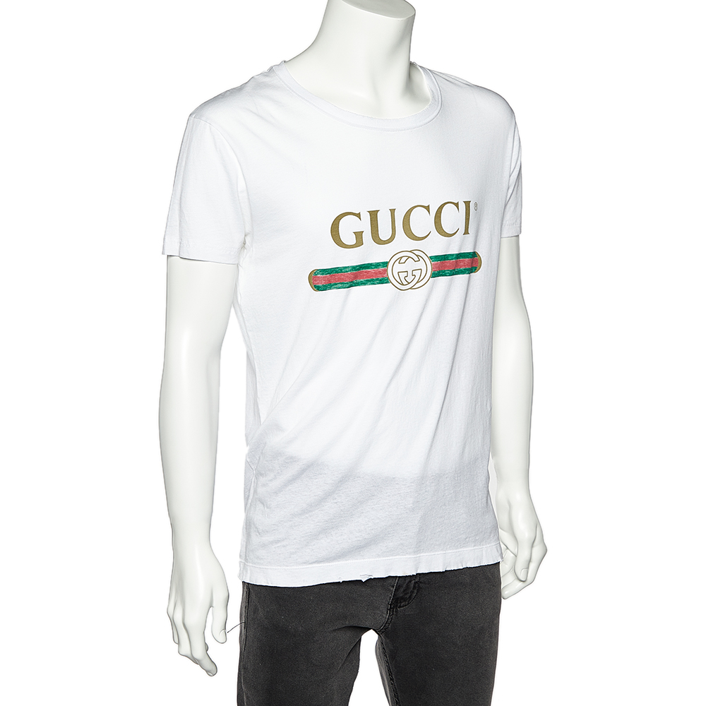 

Gucci White Washed Logo Printed Cotton Distressed T-Shirt