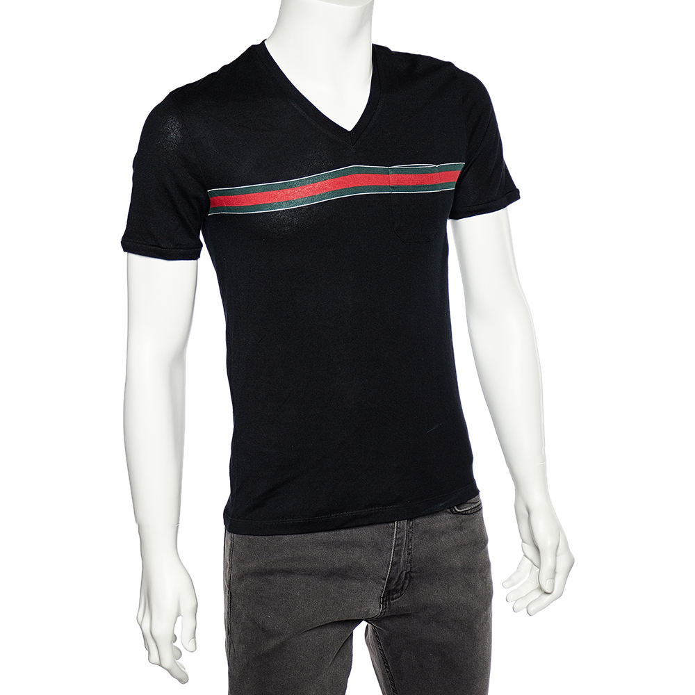 

Gucci Black Cotton Web Stripe Detail V-Neck T-Shirt