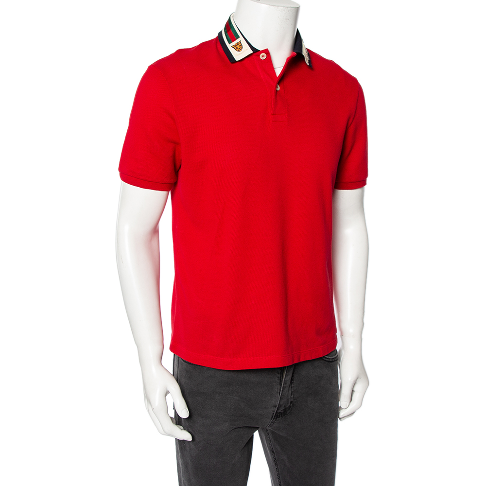 

Gucci Red Cotton Pique Web Stripe & Feline Applique Detailed Collar Polo T-Shirt