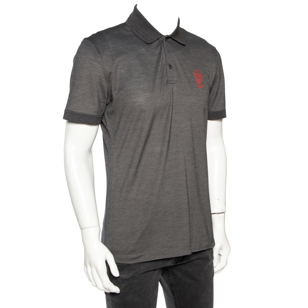 

Gucci Grey Cotton Pique Logo Crest Printed Polo T-Shirt