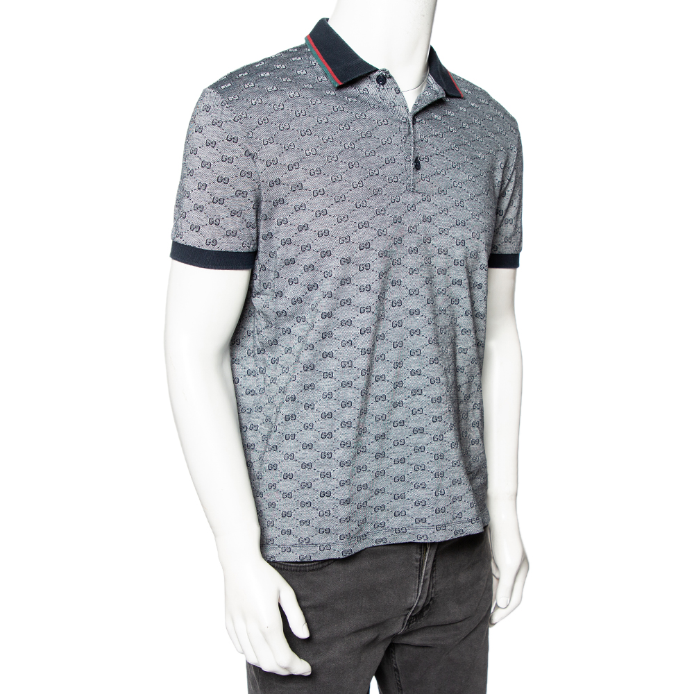 

Gucci Navy Blue and White Monogram Jacquard Knit Polo T-Shirt