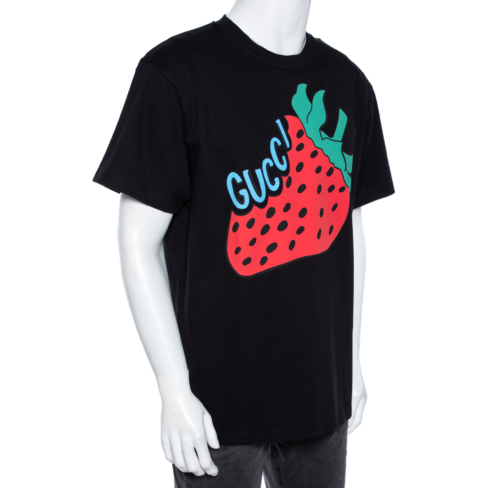 

Gucci Black Cotton Strawberry Printed Oversized Crewneck T-Shirt