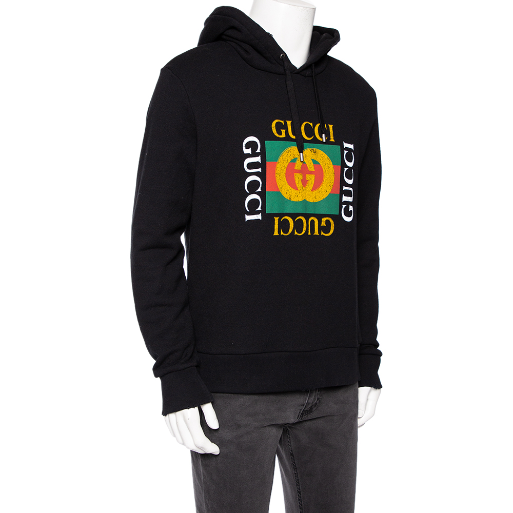 

Gucci Black Distressed Logo Printed Cotton Hoodie