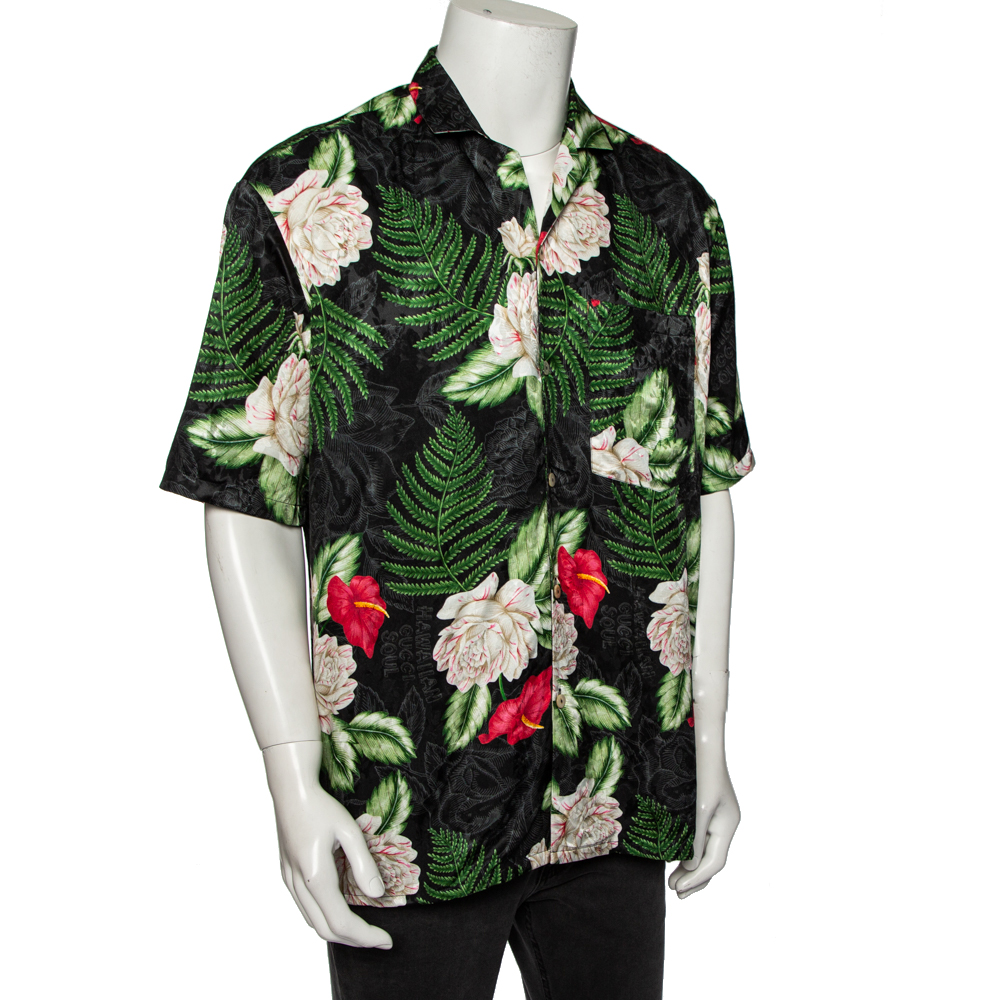 

Gucci Black & Green Leaf Print Silk Button Front Short Sleeve Shirt