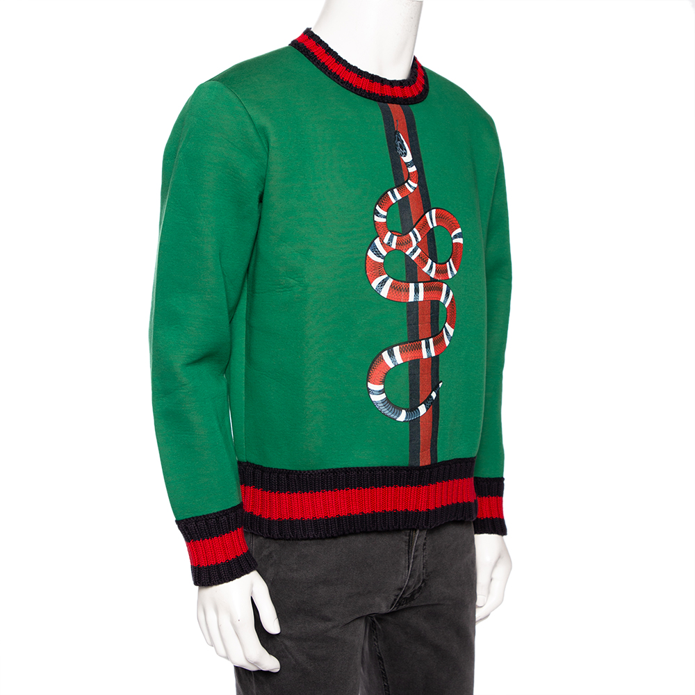 

Gucci Green Neoprene Snake Print Contrast Knit Trim Sweater