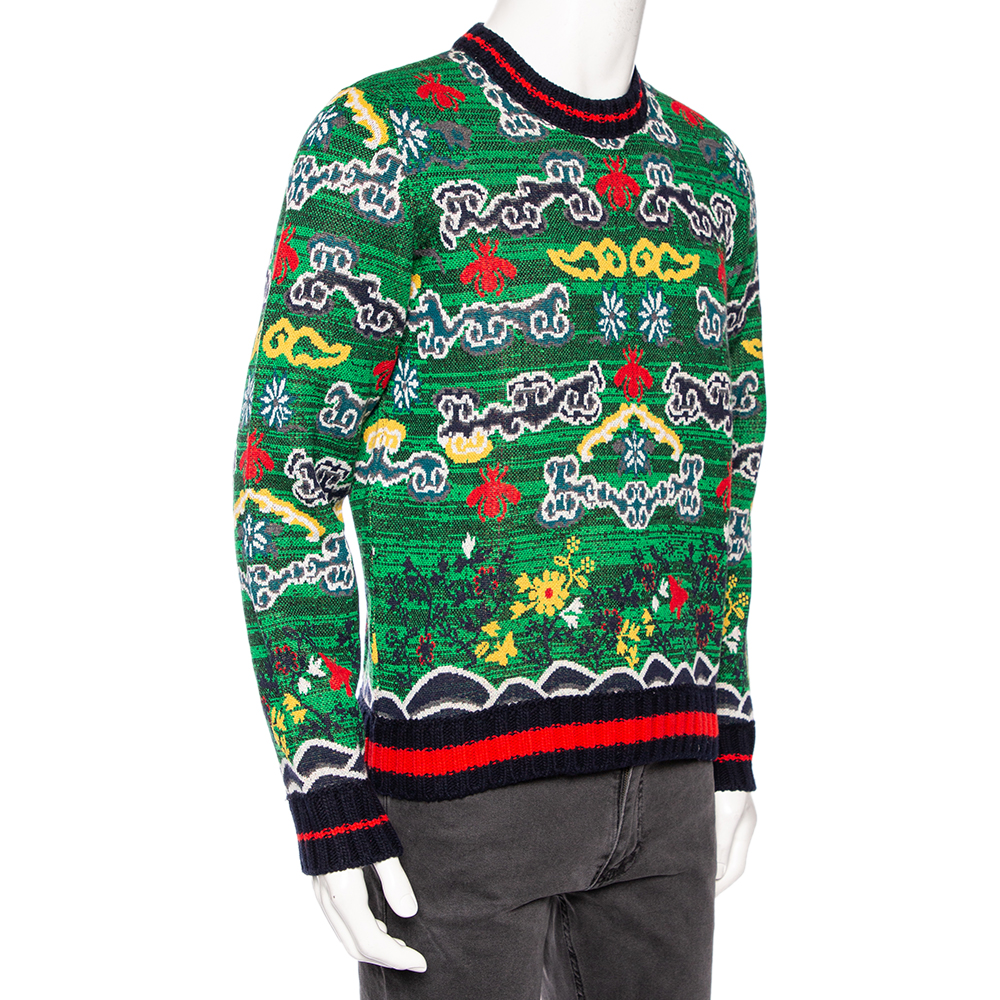 

Gucci Green Wool Jacquard Contrast Trim Crewneck Sweater