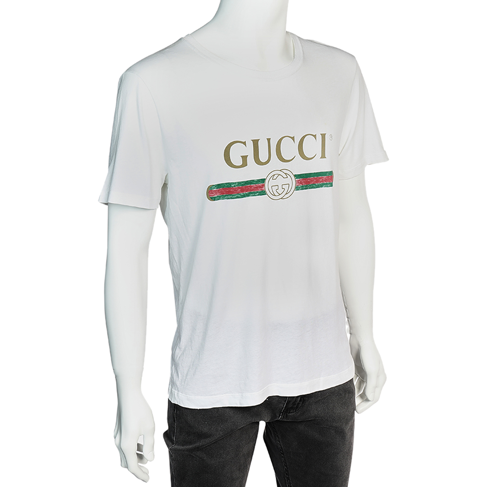 

Gucci White Logo Printed Cotton Distressed T-Shirt
