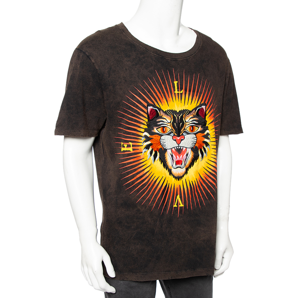 

Gucci Brown Angry Cat Applique Cotton Short Sleeve Crewneck T-Shirt