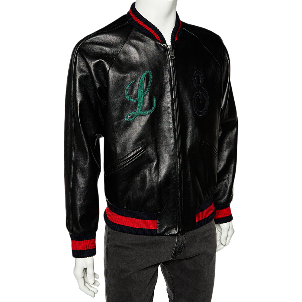 

Gucci Black Leather DIY Letter Applique Bomber Jacket