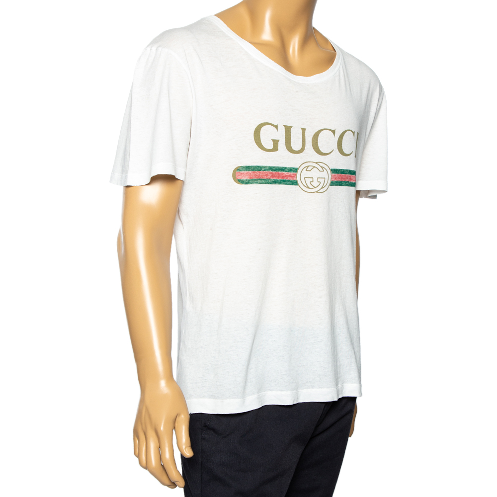 

Gucci White Logo Printed Cotton Distressed Short Sleeve T-Shirt