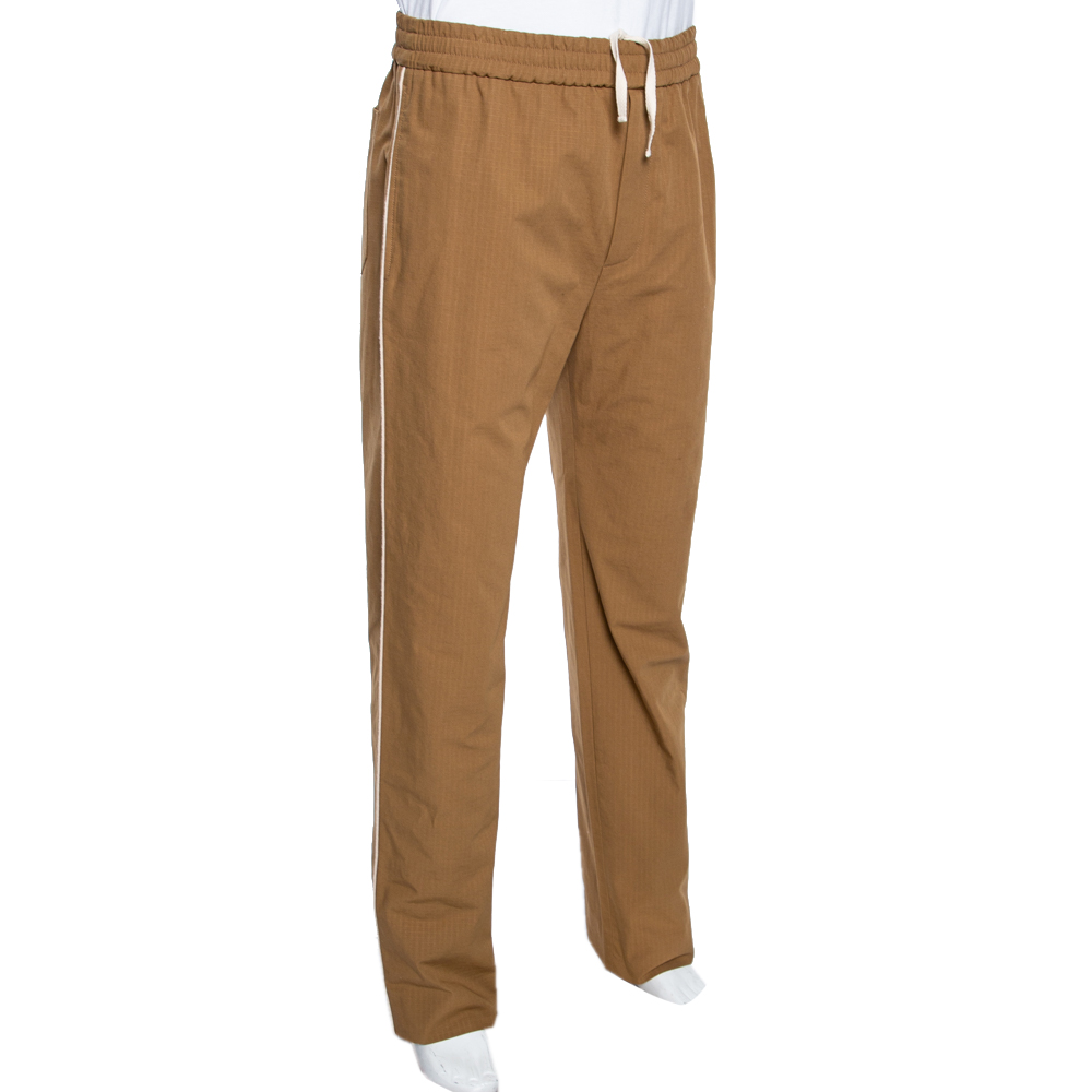 

Gucci Light Brown Logo Printed Cotton Straight Leg Trousers