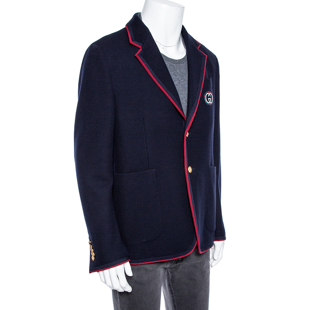 

Gucci Navy Blue Wool Knit Logo Patch Detail Single Breasted Blazer