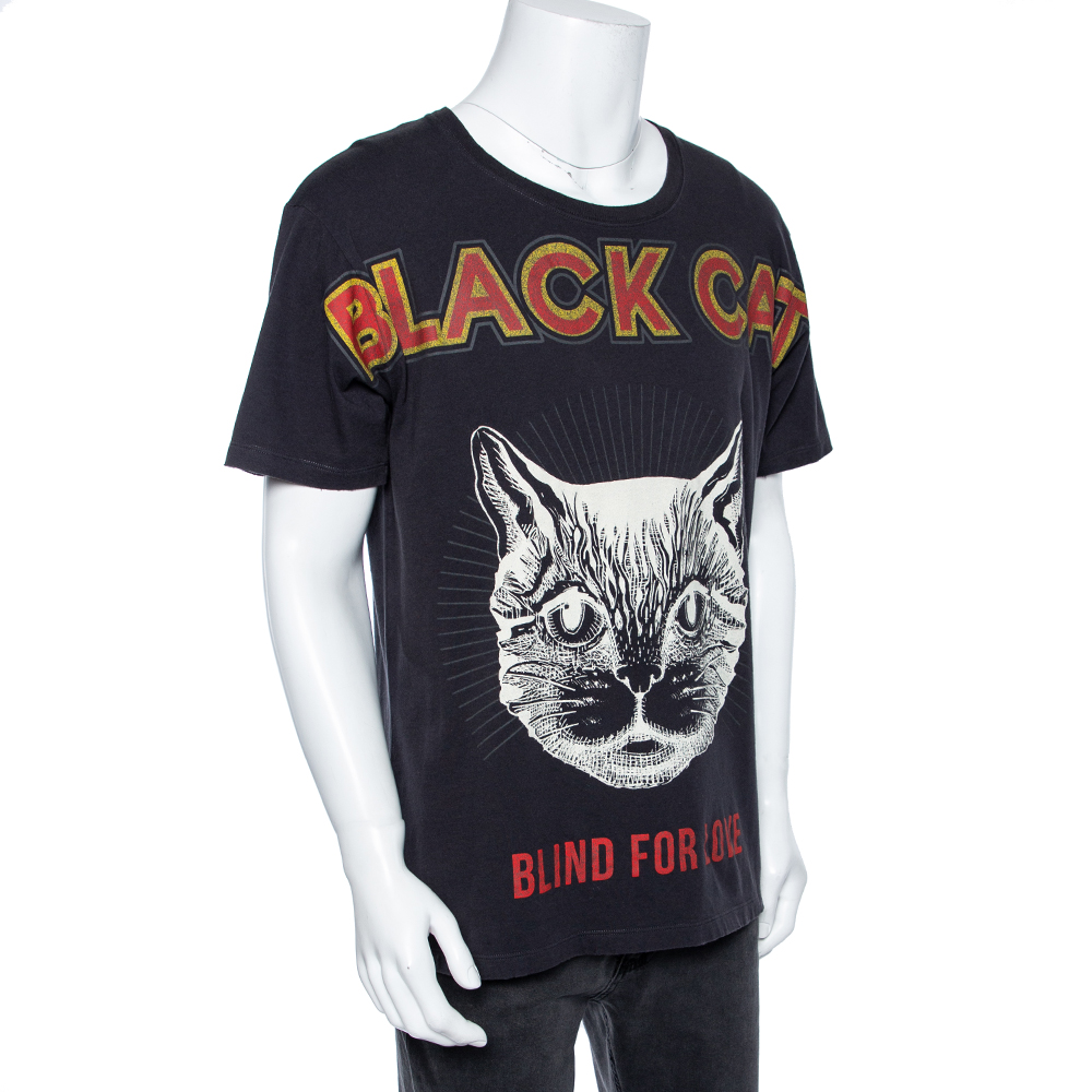 

Gucci Grey Black Cat Blind For Love Print Cotton Short Sleeve T-Shirt