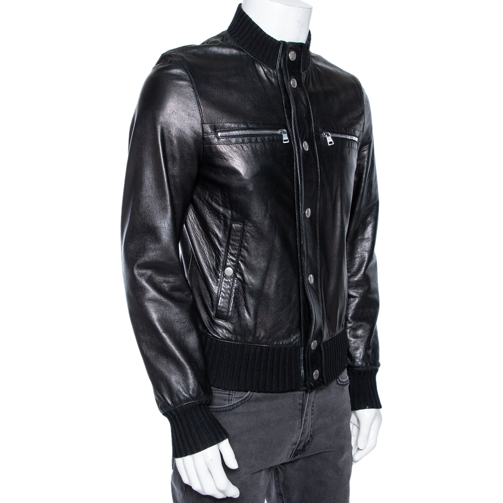 

Gucci Black Leather & Rib Knit Trimmed Button Front Jacket