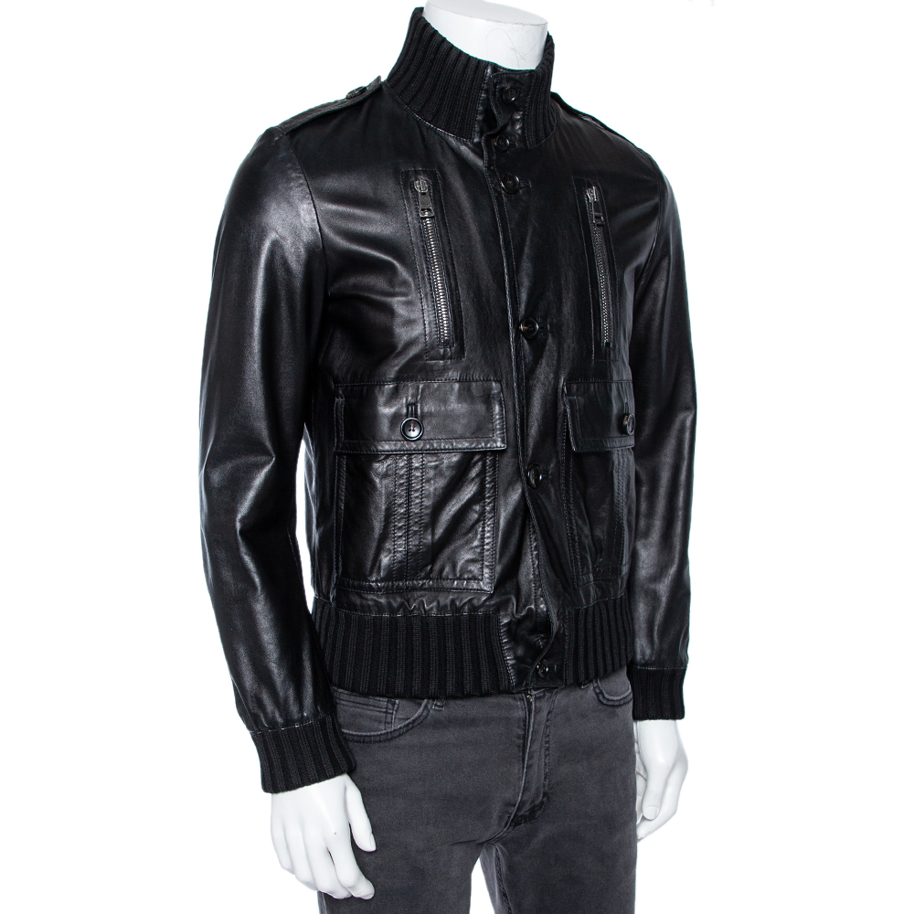 

Gucci Vintage Black Leather & Rib Knit Trimmed Button Front Jacket