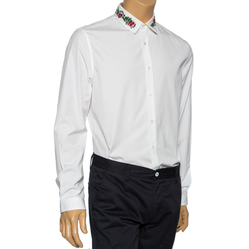 

Gucci White Cotton Embroidered Collar Button Front Slim Fit Shirt